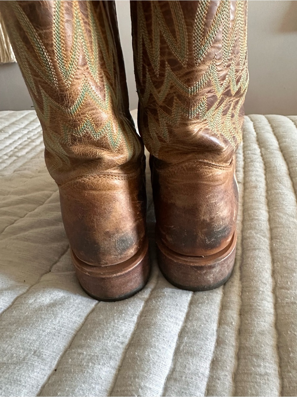 Tony Lama Brown Leather Western Heeled Boots with Green Stitching - Picture 7 of 10